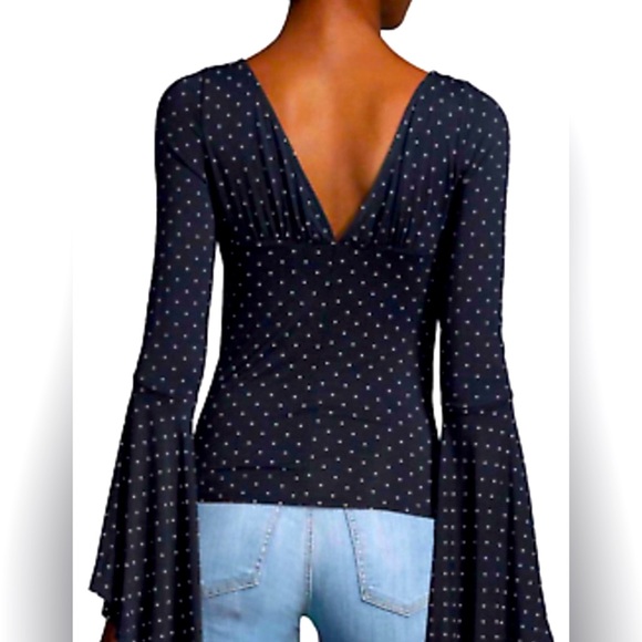 💫 FREE PEOPLE What A Babe Top Black with White Polka Dot Bell Sleeve Blouse NWT - Picture 7 of 15